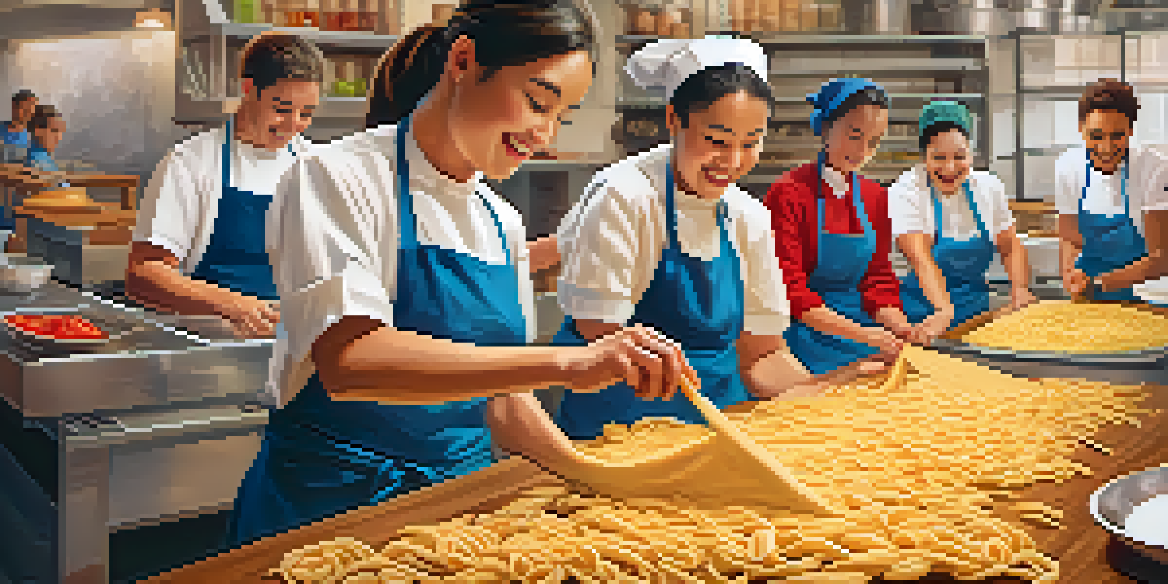 A local chef demonstrates hand-rolling pasta in a warmly lit culinary classroom, surrounded by colorful vegetables and eager students.