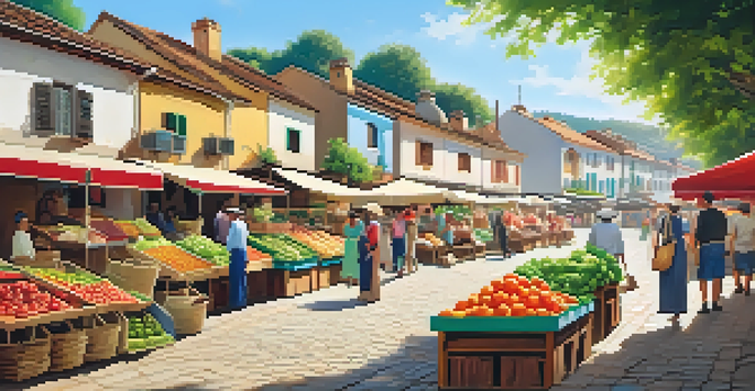 A lively farmer's market in a village, filled with colorful produce and local vendors interacting with travelers, under a sunny sky.
