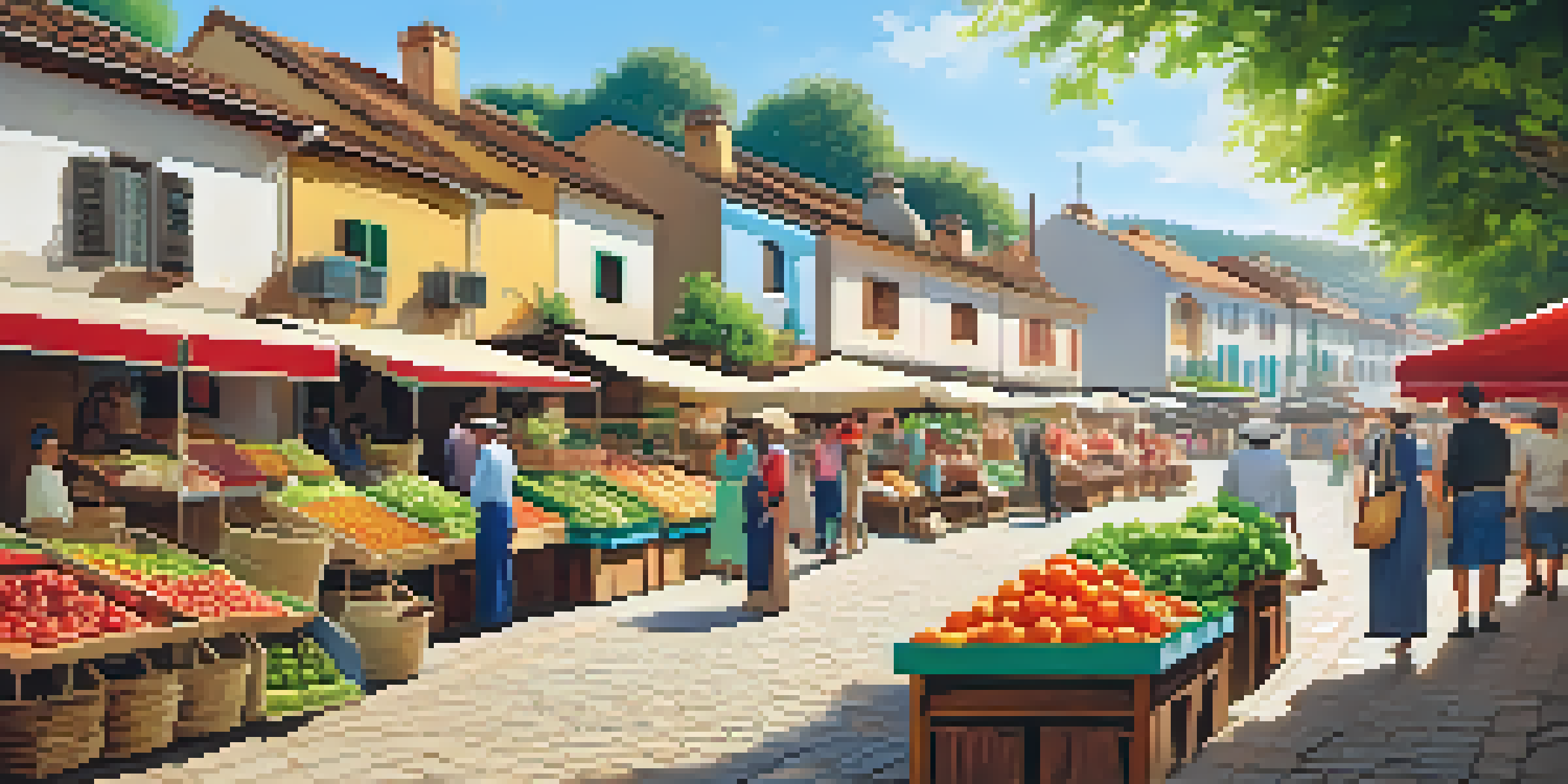 A lively farmer's market in a village, filled with colorful produce and local vendors interacting with travelers, under a sunny sky.