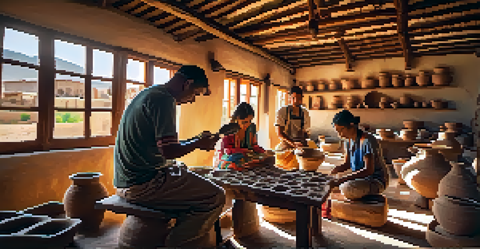 A local workshop with an artisan teaching pottery to travelers, surrounded by colorful clay and finished pottery pieces.