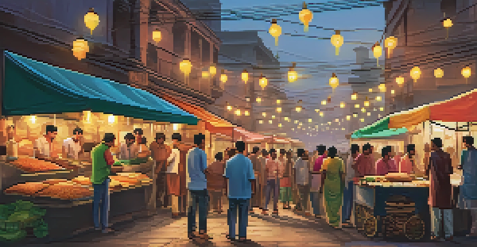 A bustling Indian street food market with vendors and customers enjoying colorful dishes.
