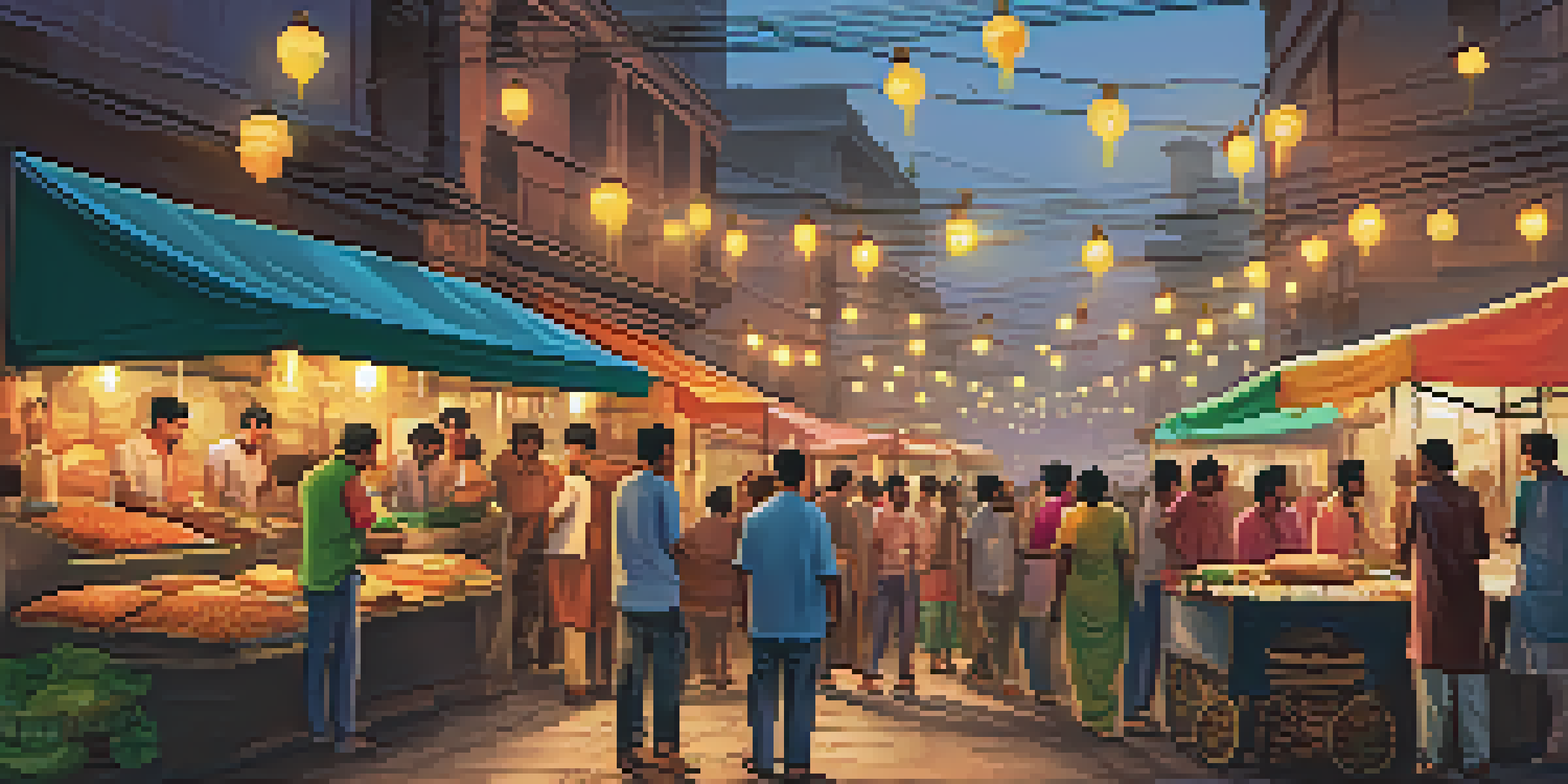 A bustling Indian street food market with vendors and customers enjoying colorful dishes.
