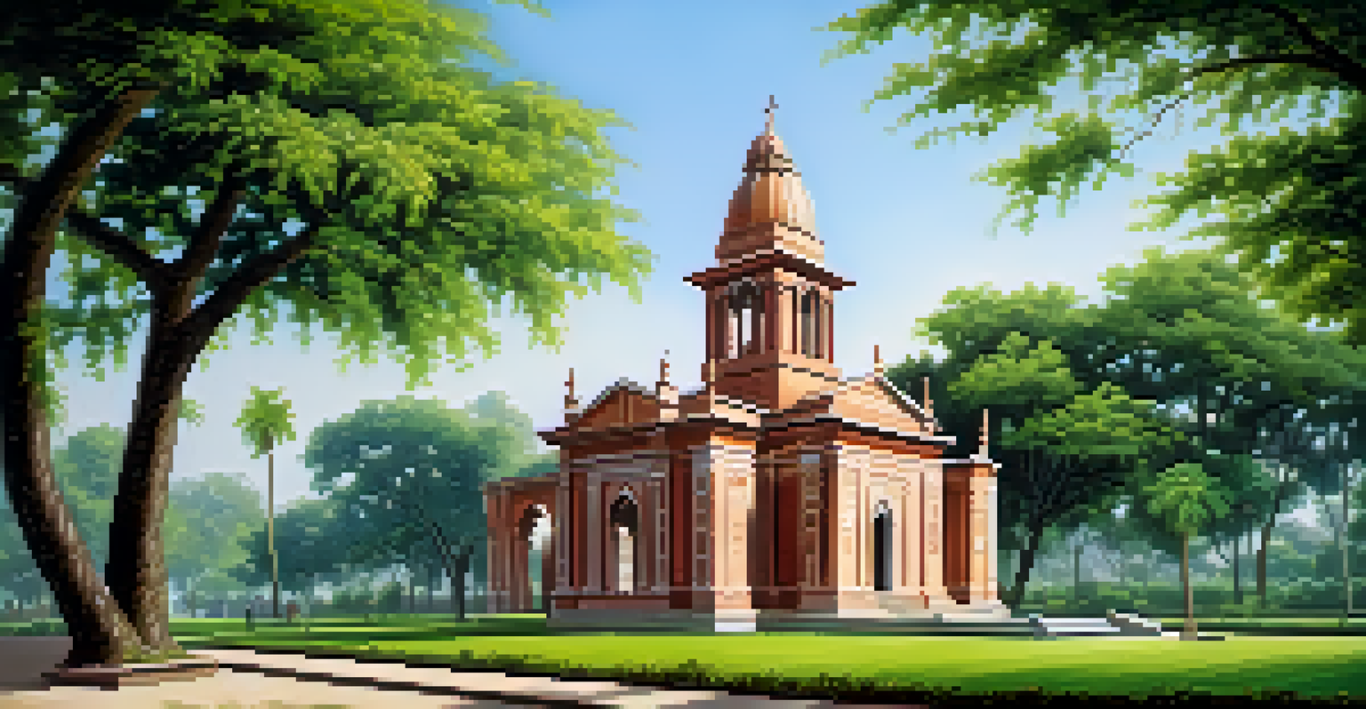 The Kanpur Memorial Church surrounded by green gardens under a blue sky, showcasing its colonial architecture.