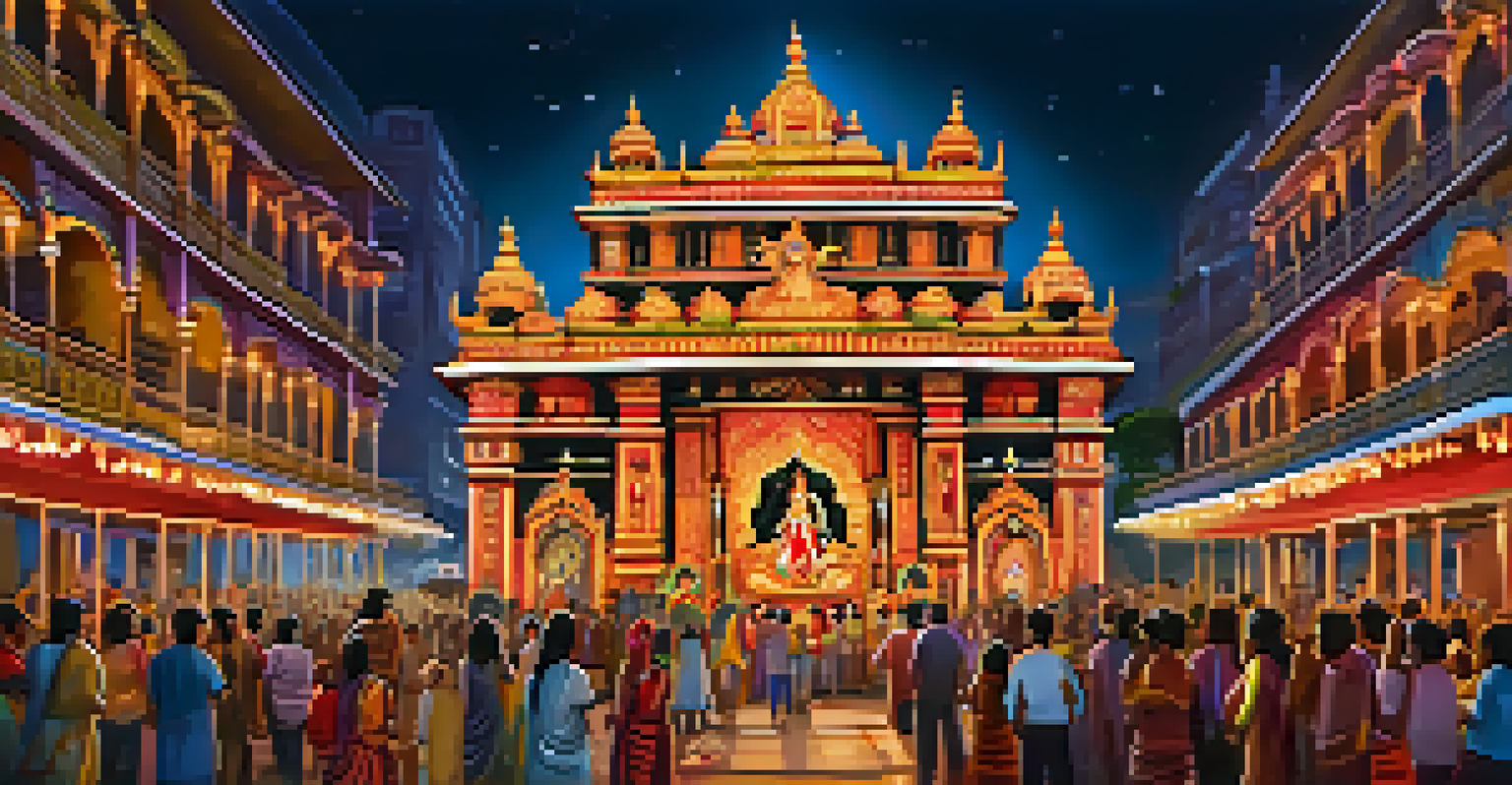 An elaborate pandal in Kolkata for Kali Puja during Diwali, showcasing an idol of Goddess Kali surrounded by colorful decorations and people.
