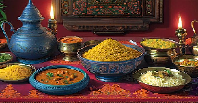 A traditional Indian dining table set with various colorful dishes and candlelight, creating a warm atmosphere.