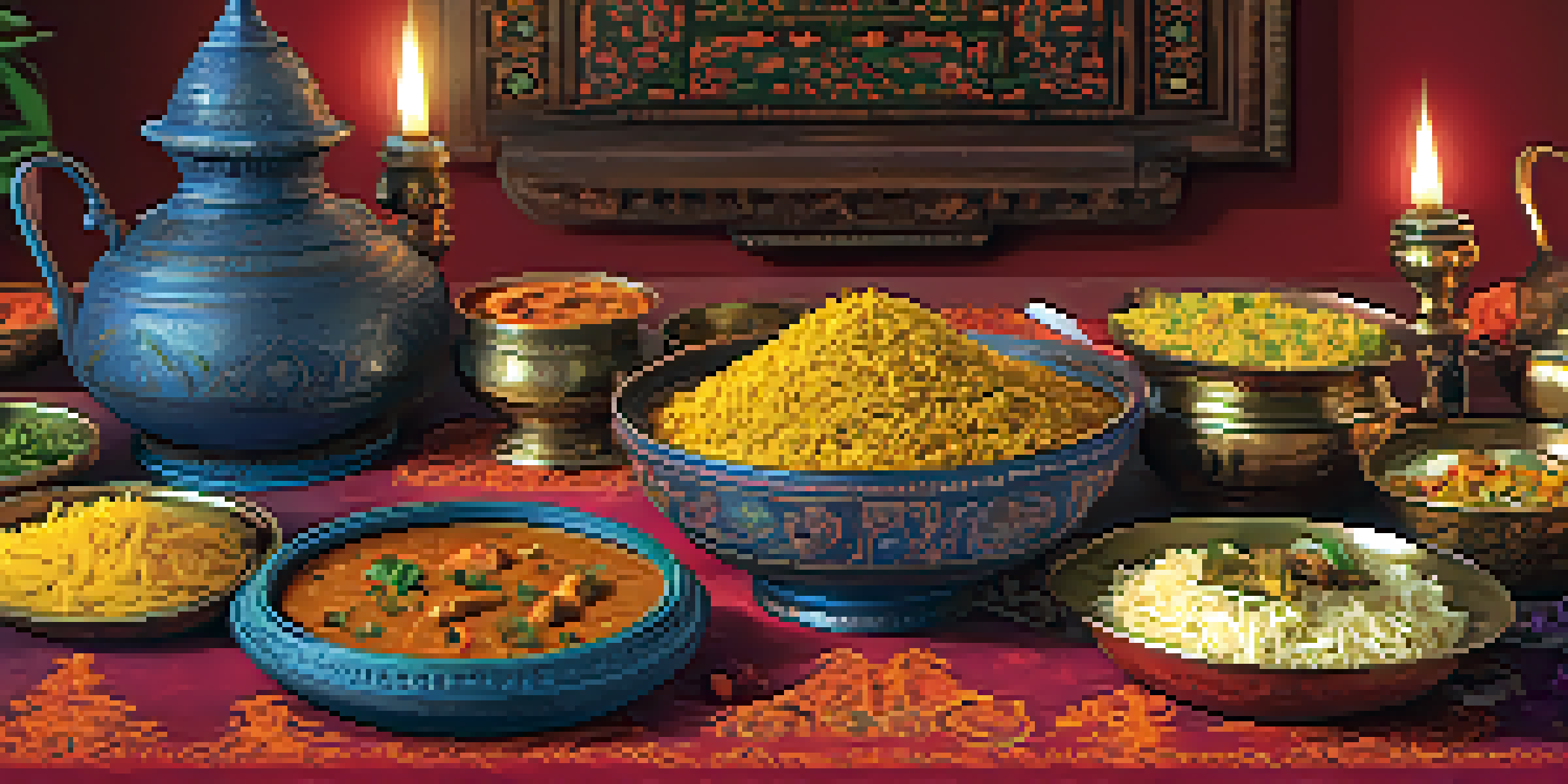 A traditional Indian dining table set with various colorful dishes and candlelight, creating a warm atmosphere.