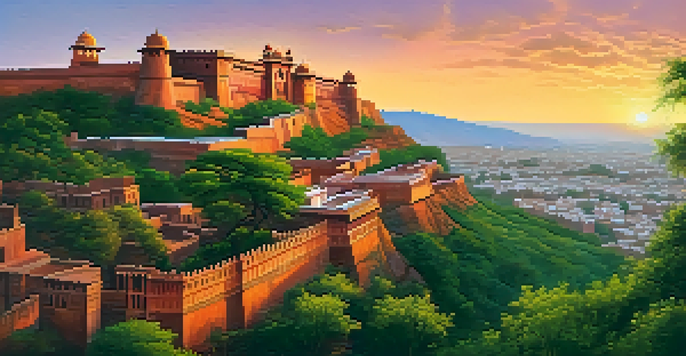 A scenic sunset view of Mehrangarh Fort with glowing walls amidst lush greenery and colorful skies.