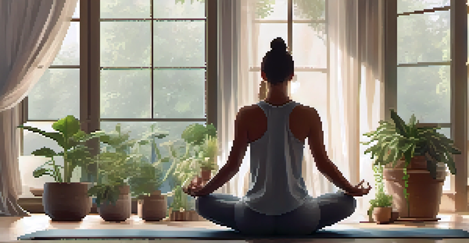 A person meditating in a peaceful indoor yoga space surrounded by plants and candles.