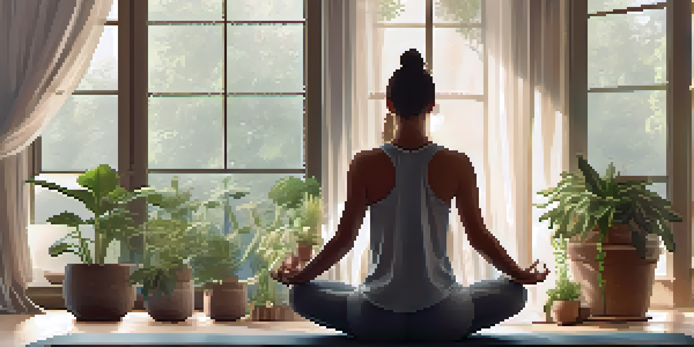 A person meditating in a peaceful indoor yoga space surrounded by plants and candles.