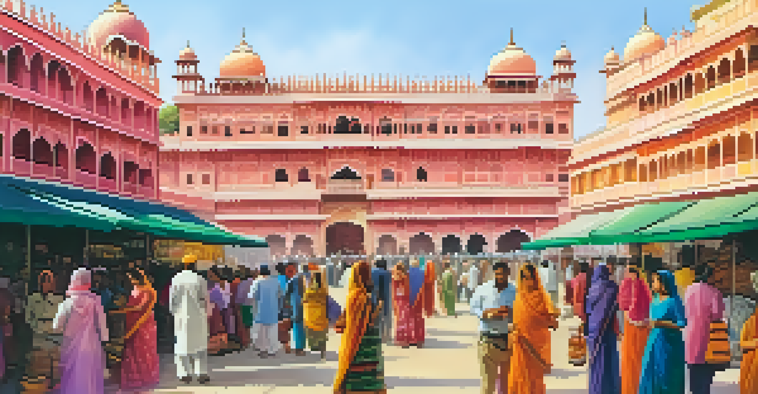A lively market in Jaipur showcasing colorful textiles and the Hawa Mahal in the background.