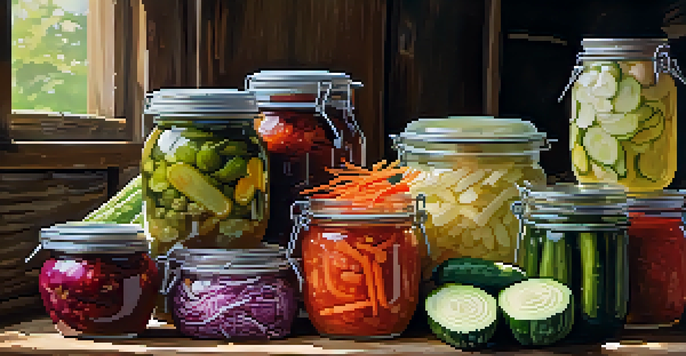 A variety of colorful fermented foods in jars on a wooden table, including kimchi and sauerkraut, with fresh vegetables in the background.