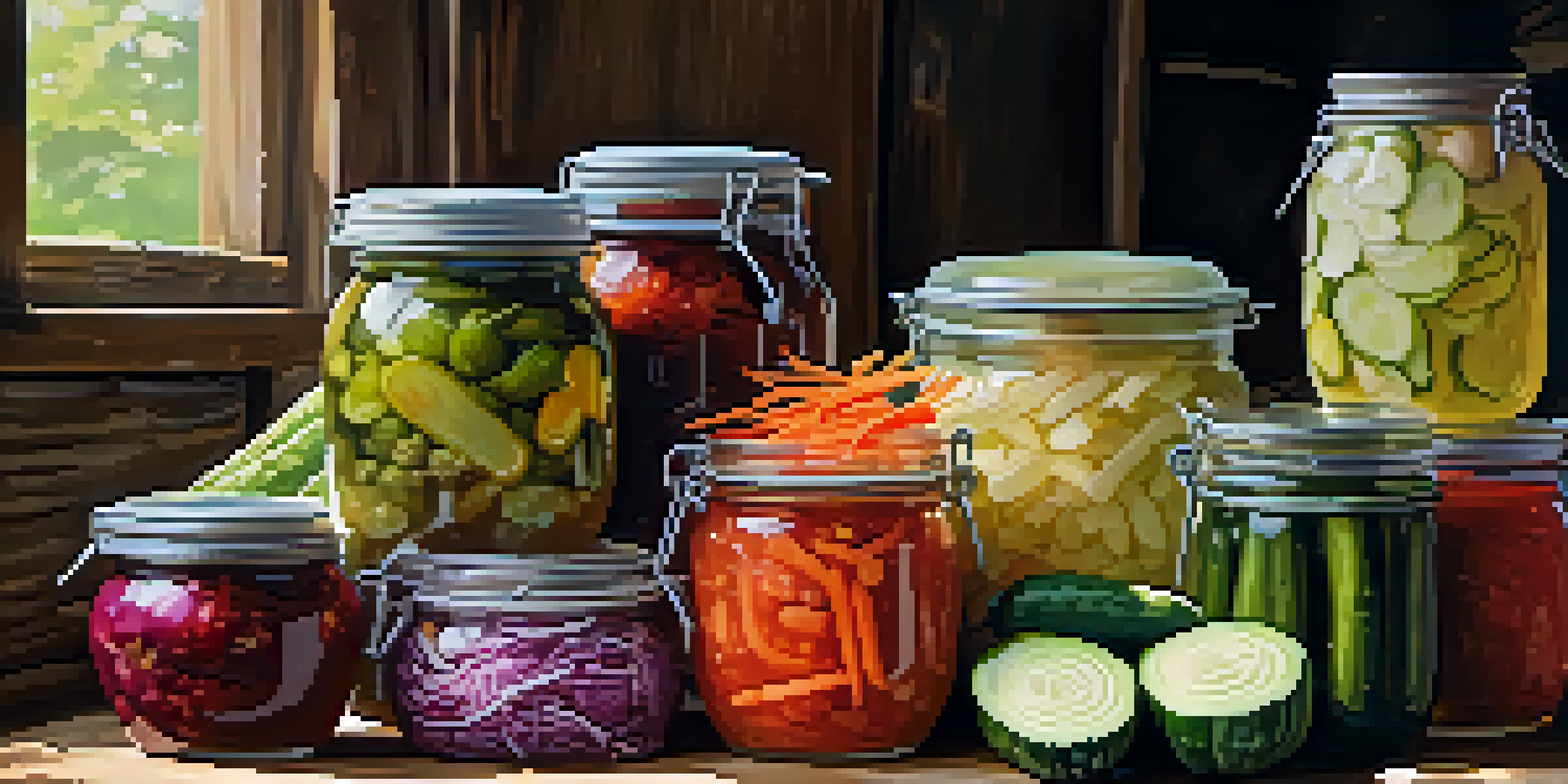 A variety of colorful fermented foods in jars on a wooden table, including kimchi and sauerkraut, with fresh vegetables in the background.