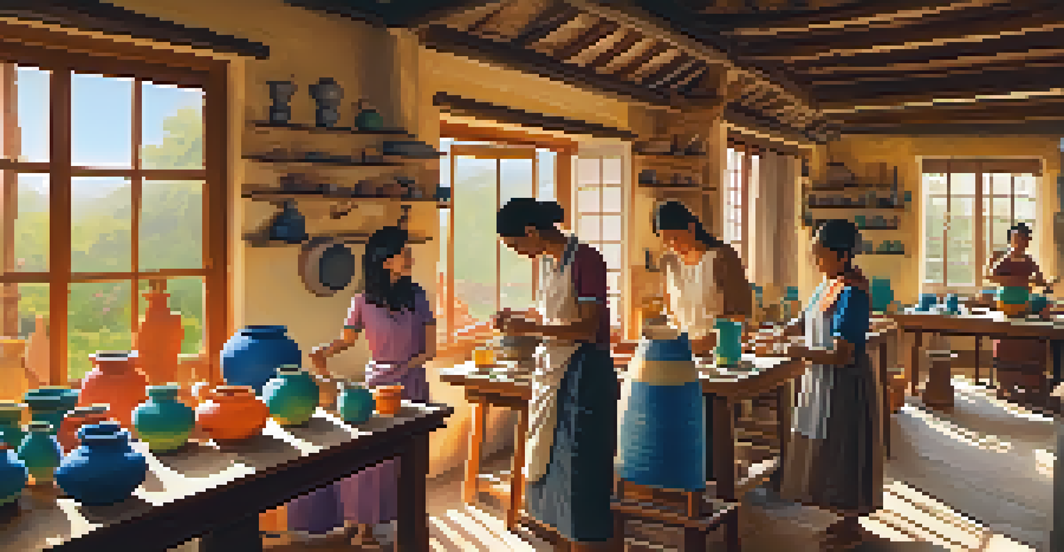 Guests learning pottery-making in a village homestay workshop with an artisan.