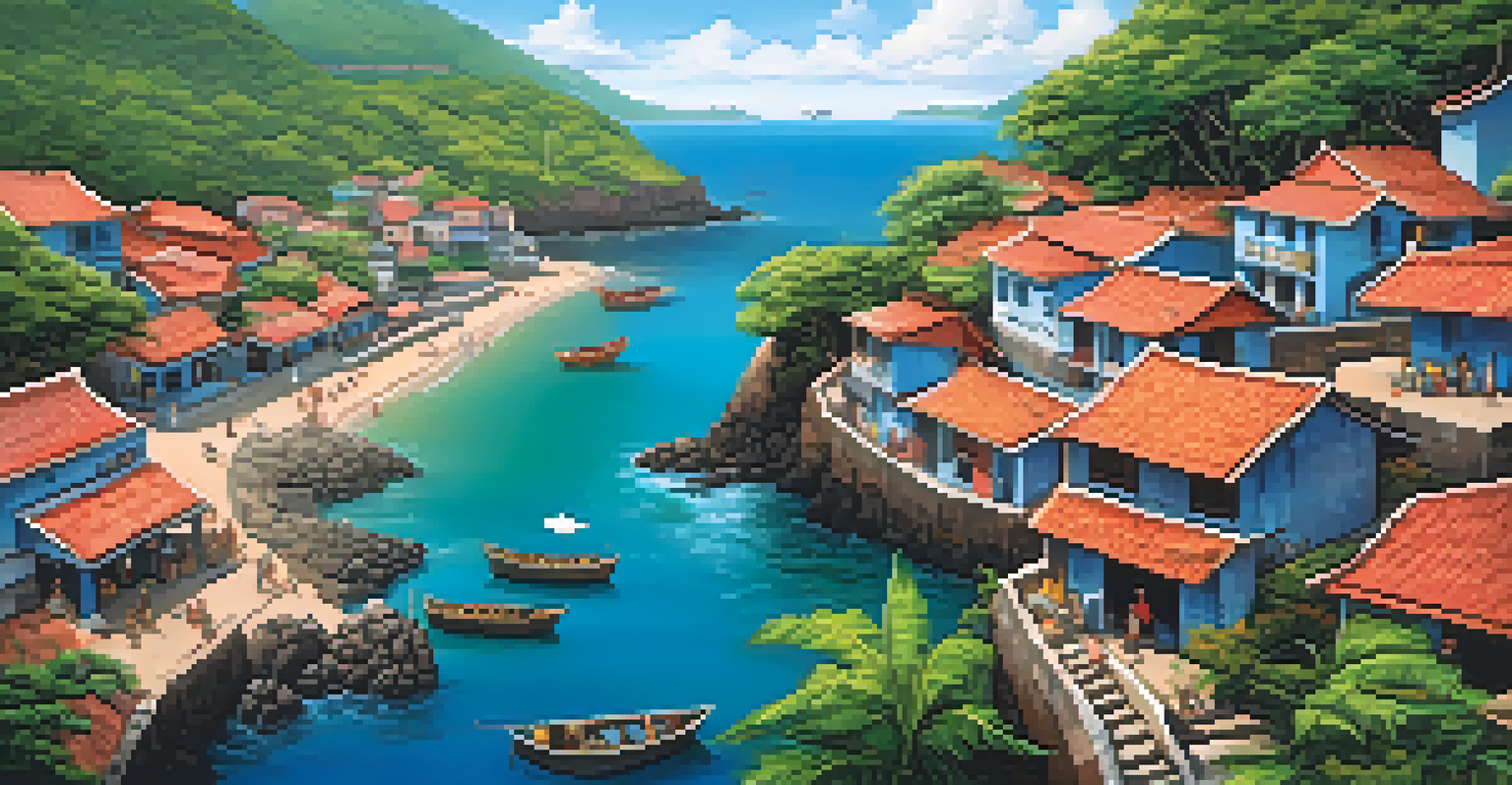 An aerial perspective of a traditional fishing village on the Konkan Coast, with colorful houses, a bustling market, and the sea in the background.