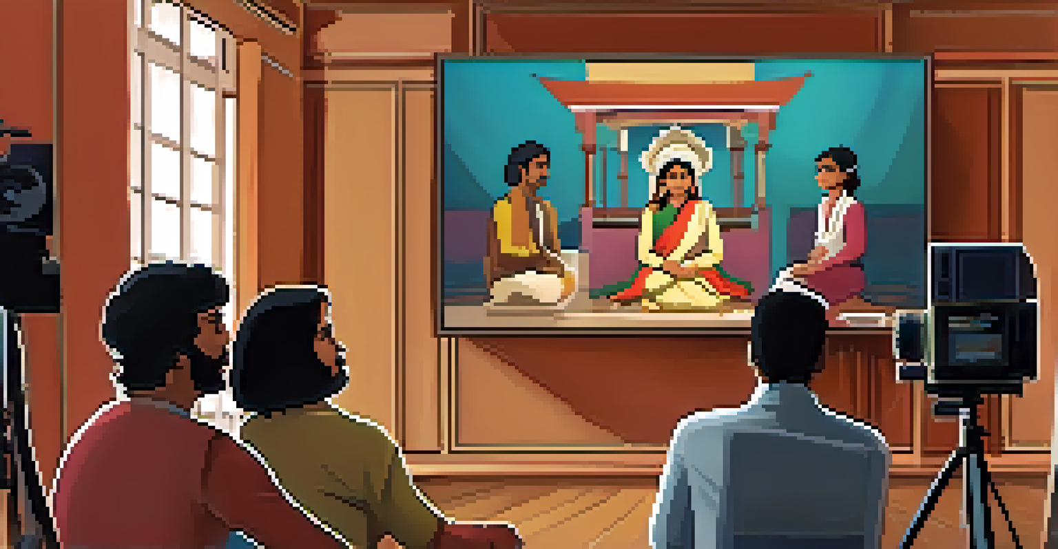 An Indian filmmaker in traditional attire speaking during an intimate interview at a film festival, with a small audience listening attentively in a cozy setting.