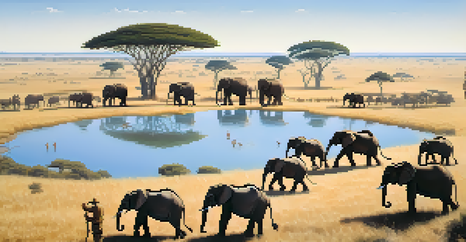 Travelers observing elephants from a distance in a savannah landscape, using binoculars and cameras.