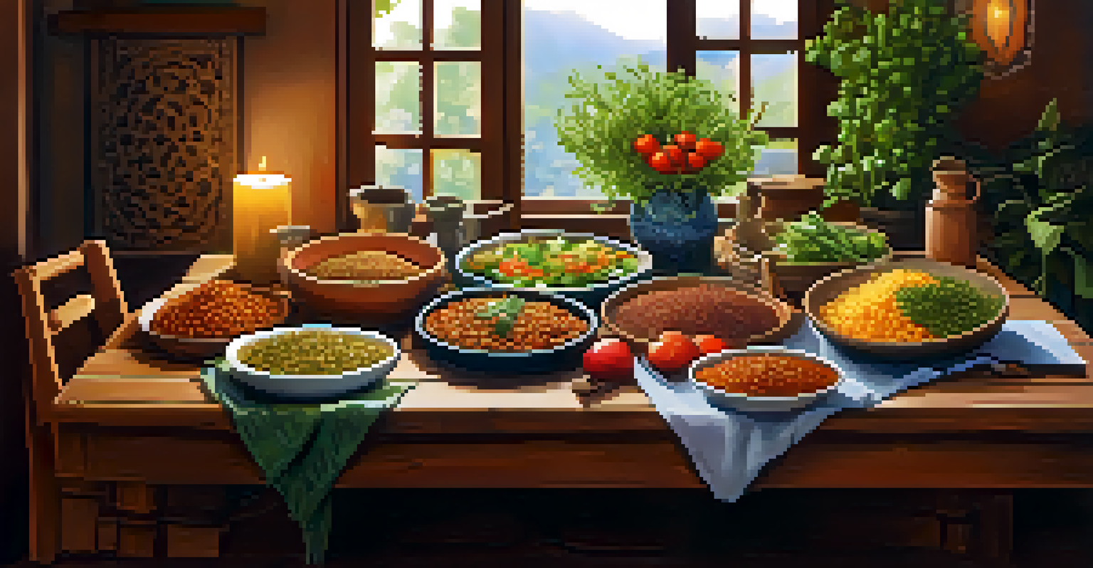 A warm dining setup with colorful Ayurvedic dishes including salads and lentils, illuminated by candlelight.