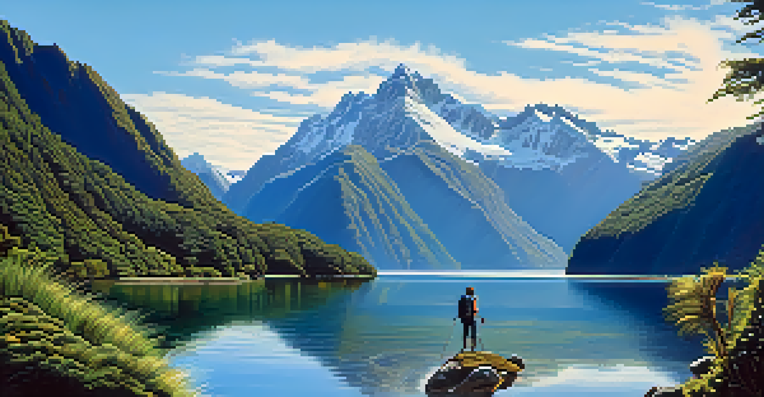 A hiker enjoying the scenic beauty of Fiordland National Park in New Zealand.
