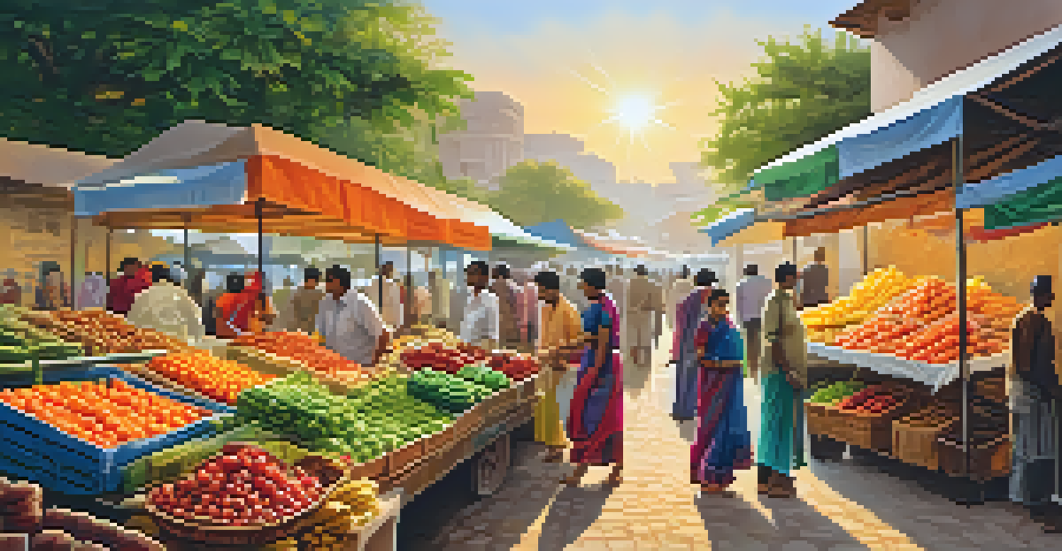 A lively local market in India with farmers selling fresh organic produce to customers.
