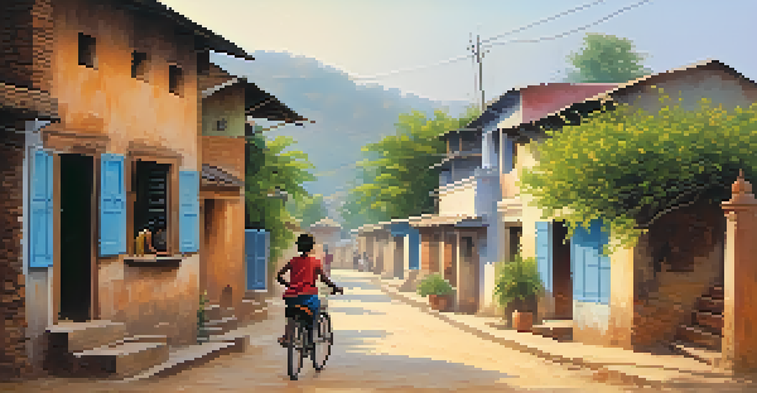 A bicycle rider in a quaint Indian village, surrounded by rustic houses and local life, emphasizing the charm of rural exploration.