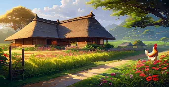 A picturesque village homestay with a thatched-roof house and lush greenery at sunrise.