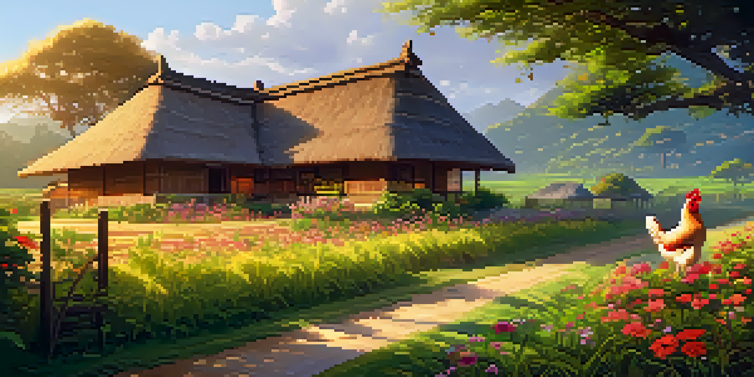 A picturesque village homestay with a thatched-roof house and lush greenery at sunrise.