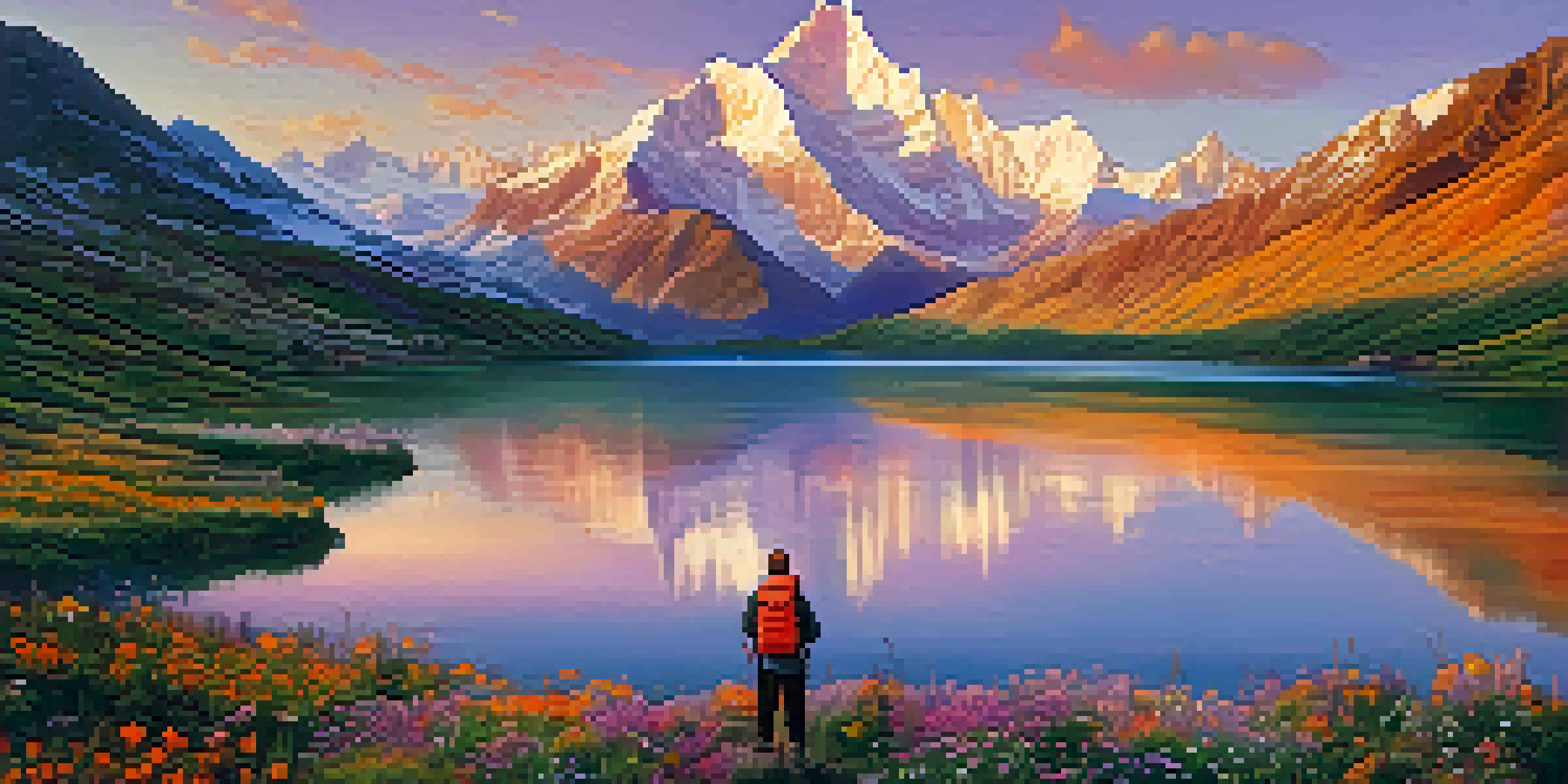 A stunning sunrise view of the Himalayas with snow-covered peaks and a reflective lake in the foreground, featuring a lone trekker admiring the landscape.