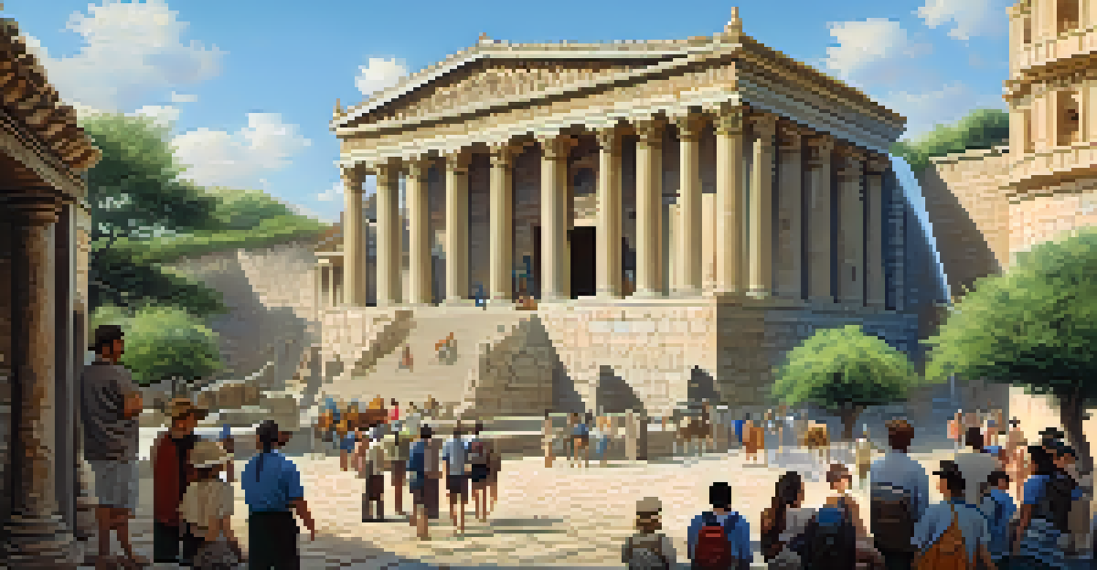 Tourists listening to a local guide at a historical site with an ancient building and beautiful blue sky in the background.