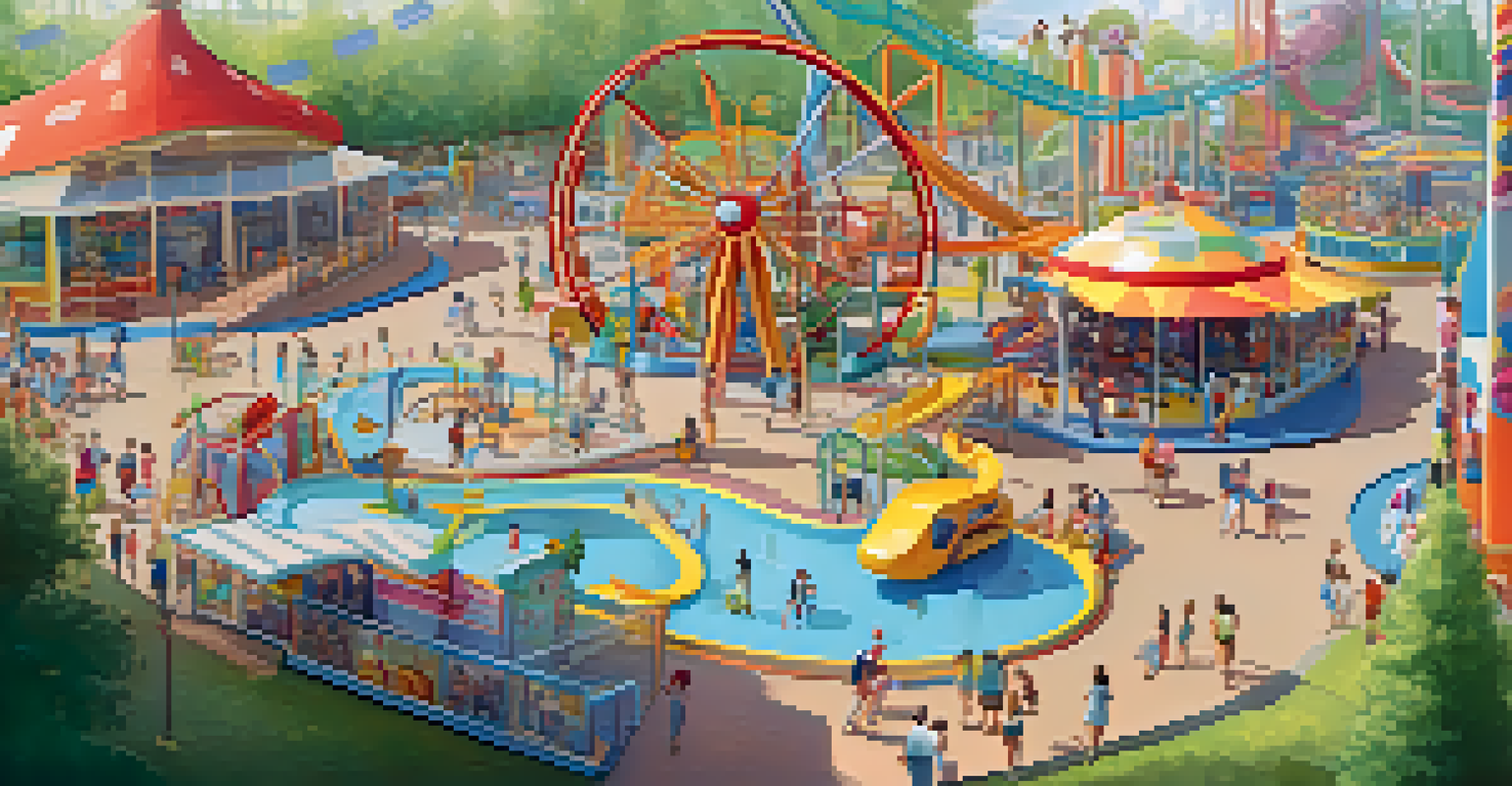 A modern theme park with accessible rides and families enjoying attractions, highlighting ramps and sensory-friendly areas.