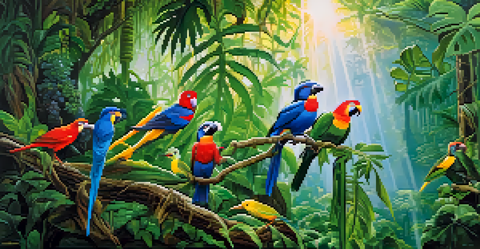 A lively rainforest filled with tropical birds and rich green vegetation, with beams of sunlight shining through the leaves.