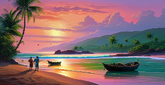 A scenic sunset view of the Konkan Coast with green hills, sandy beaches, and colorful fishing boats. The sky displays vibrant colors reflected on the water.