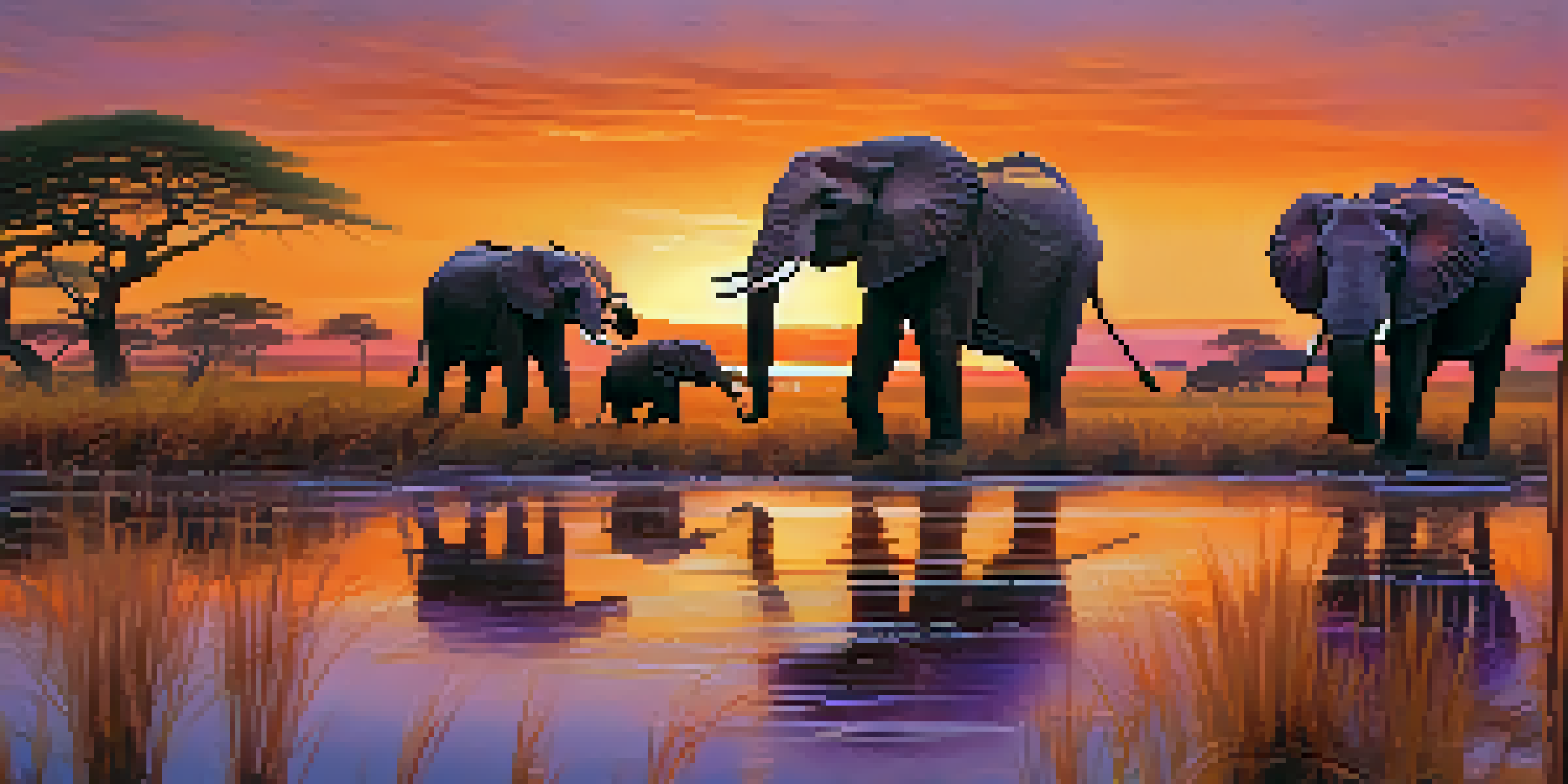 A picturesque sunset over a lush savannah with elephants near a watering hole, showcasing vibrant sky colors and natural vegetation.