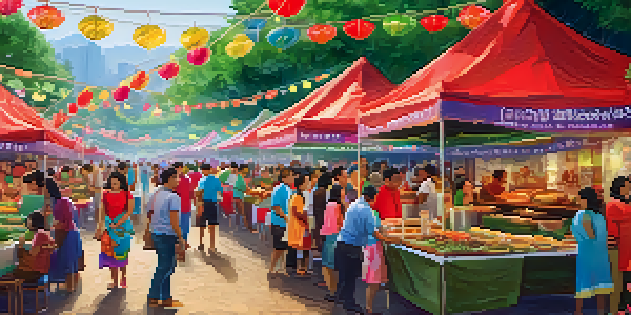 A bustling food festival with colorful stalls and happy visitors enjoying local cuisine amidst greenery and festive decor.