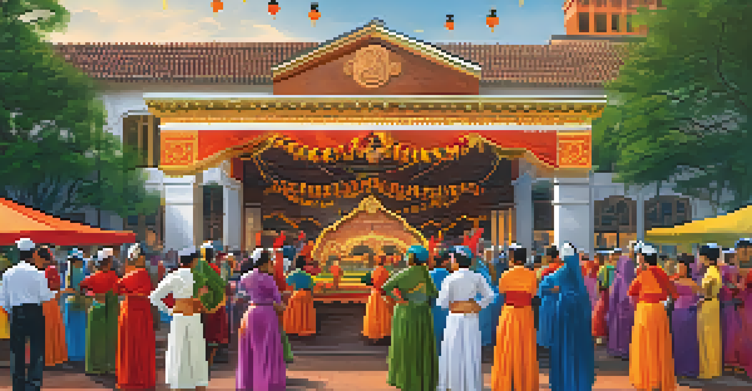 A lively festival scene outside a heritage hotel with people in traditional attire and colorful decorations.