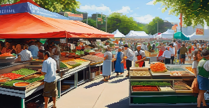 A bustling food festival with colorful stalls, chefs cooking, and diverse visitors sampling dishes.