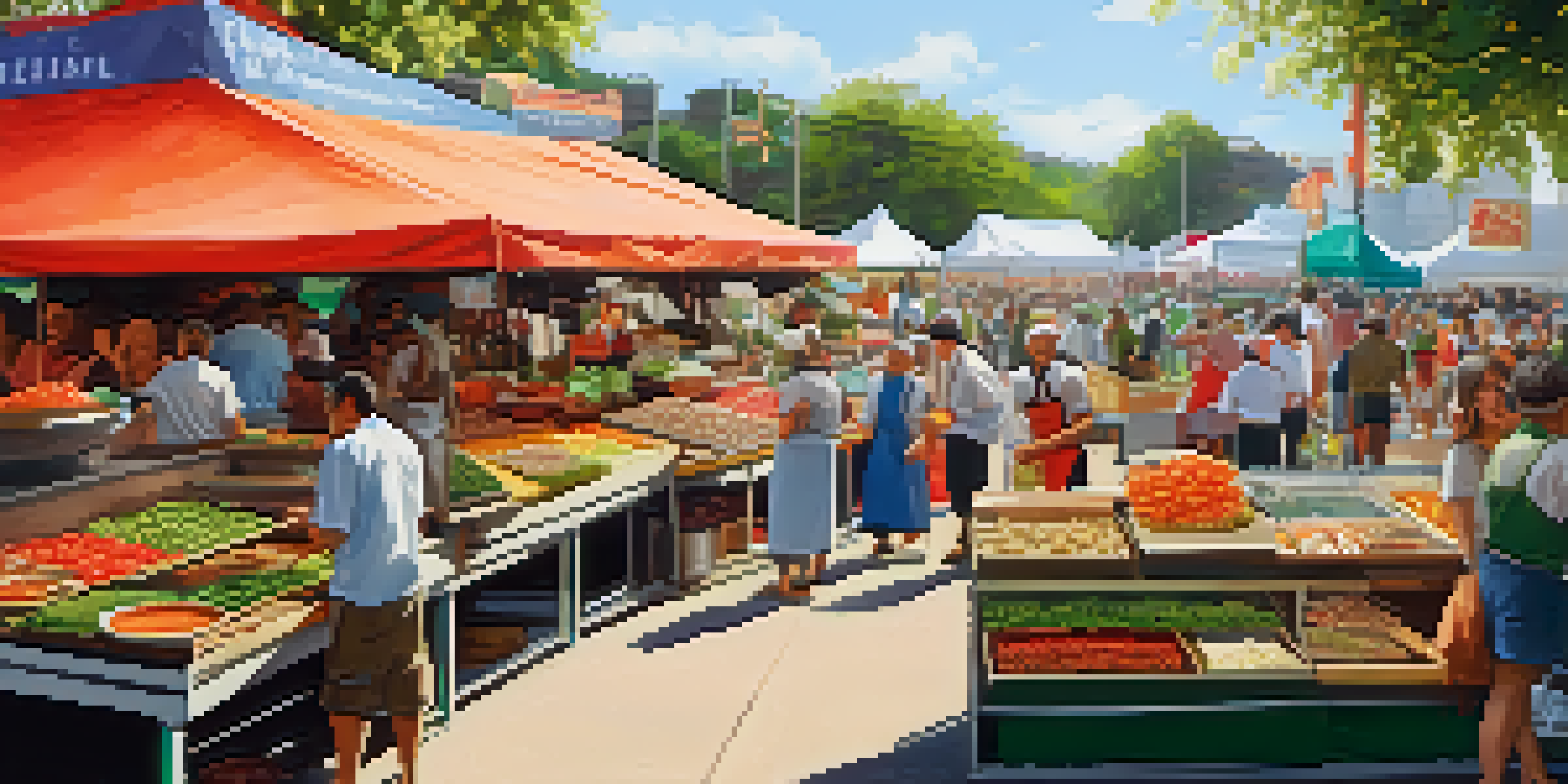 A bustling food festival with colorful stalls, chefs cooking, and diverse visitors sampling dishes.