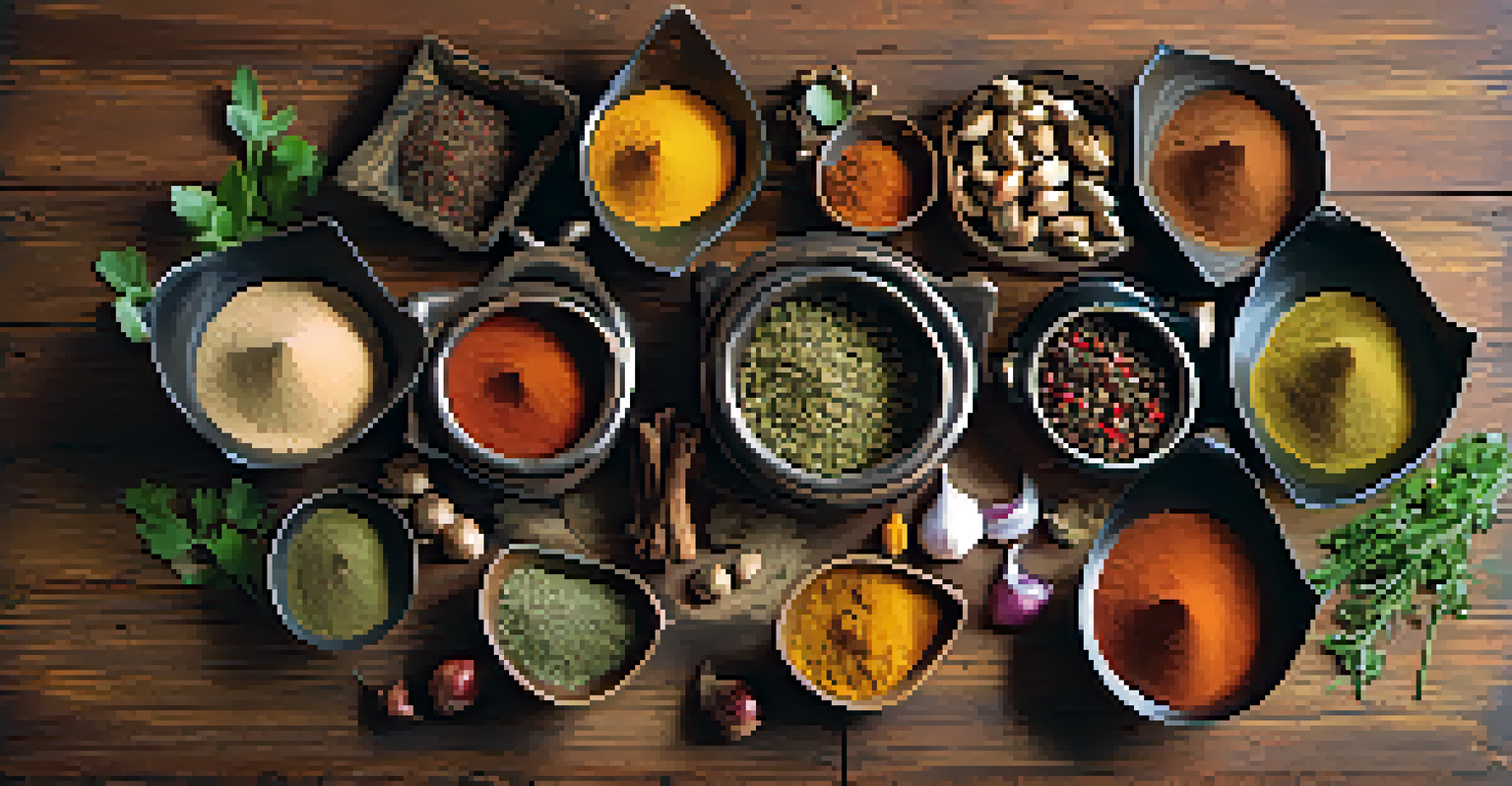 An artistic display of Indian spice blends in bowls with fresh ingredients on a rustic wooden table, illuminated by soft natural light.