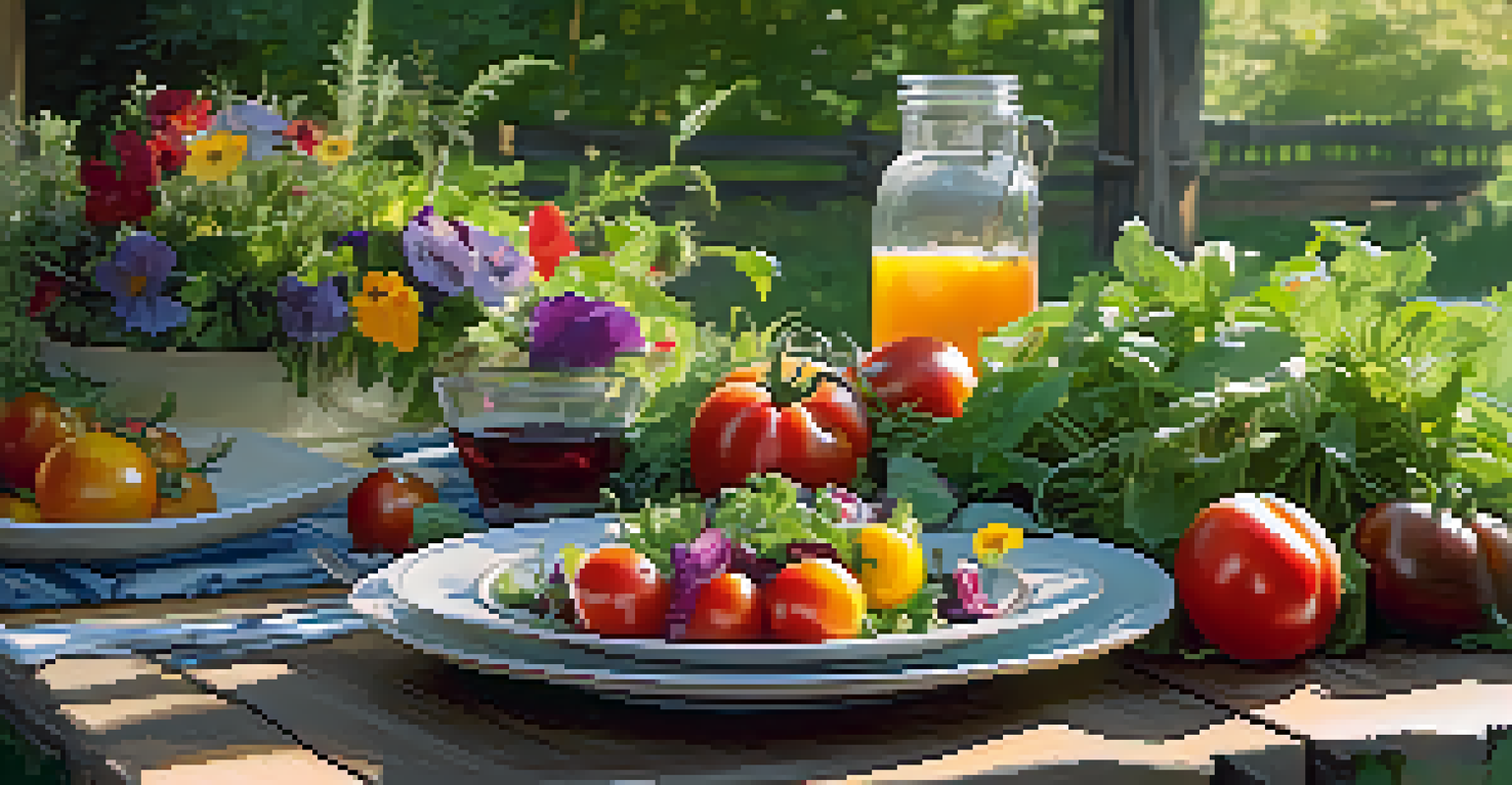 An outdoor dining table setting with a vibrant summer salad made of heirloom tomatoes and fresh herbs, surrounded by greenery.