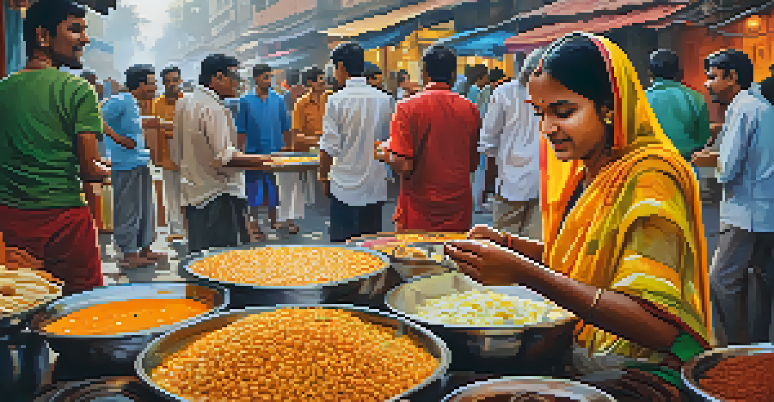 A lively street food stall in Kolkata serving traditional Bengali snacks, with people enjoying their meals.
