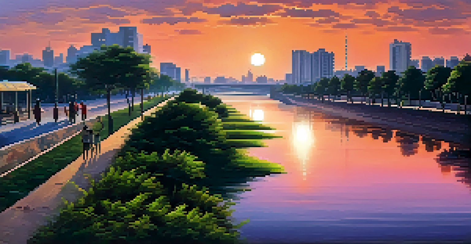 A beautiful sunset over the Tapi River promenade in Surat with families enjoying the view.