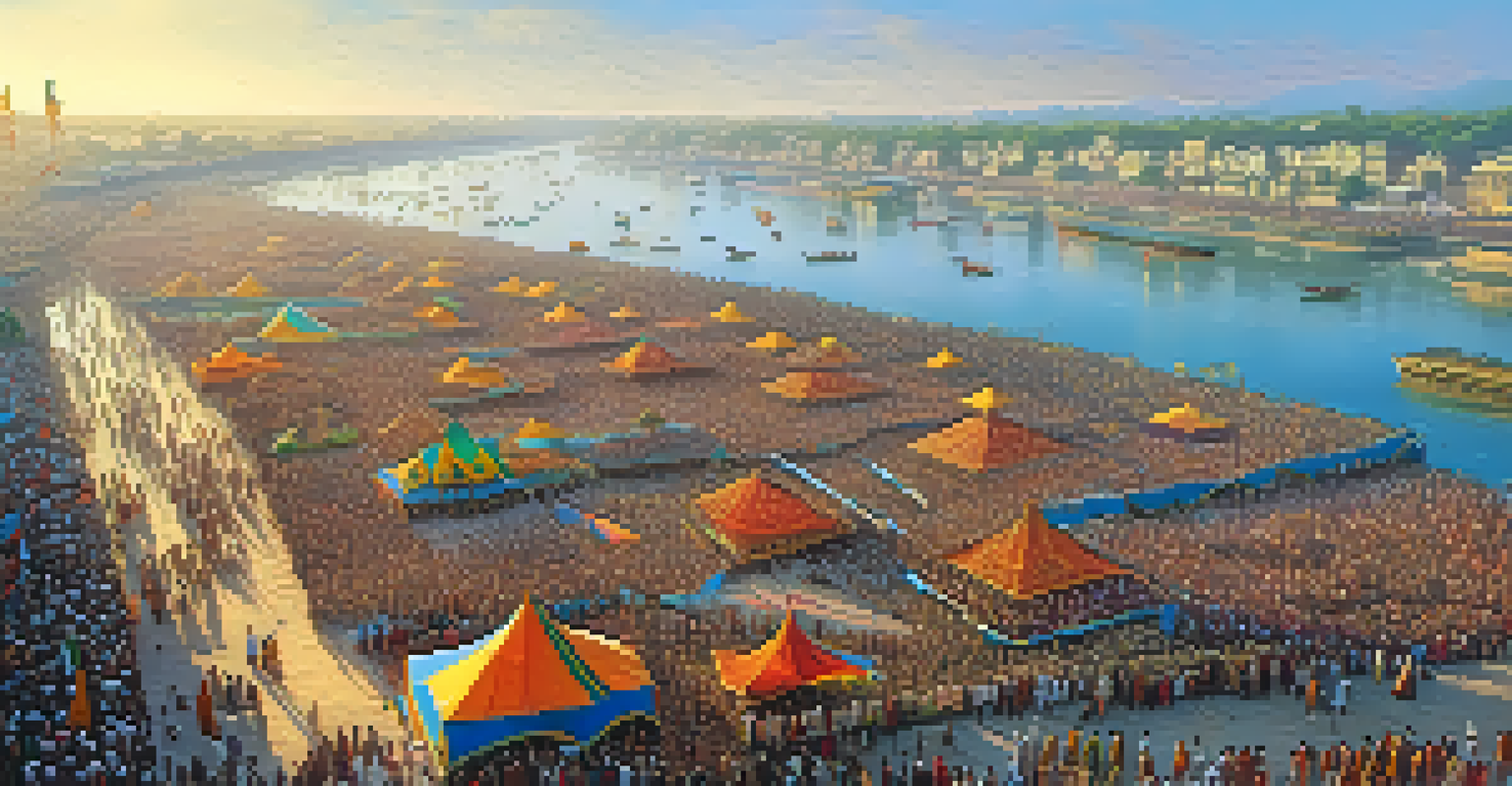 An aerial perspective of the Kumbh Mela festival, showcasing a vibrant gathering of tents and pilgrims by the Ganges River.