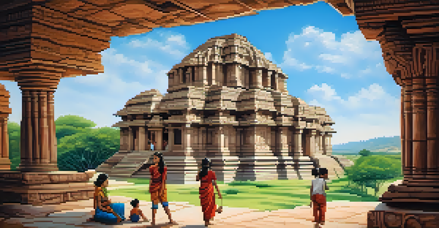 A family exploring ancient temples in Hampi, surrounded by lush greenery and rocky landscapes.