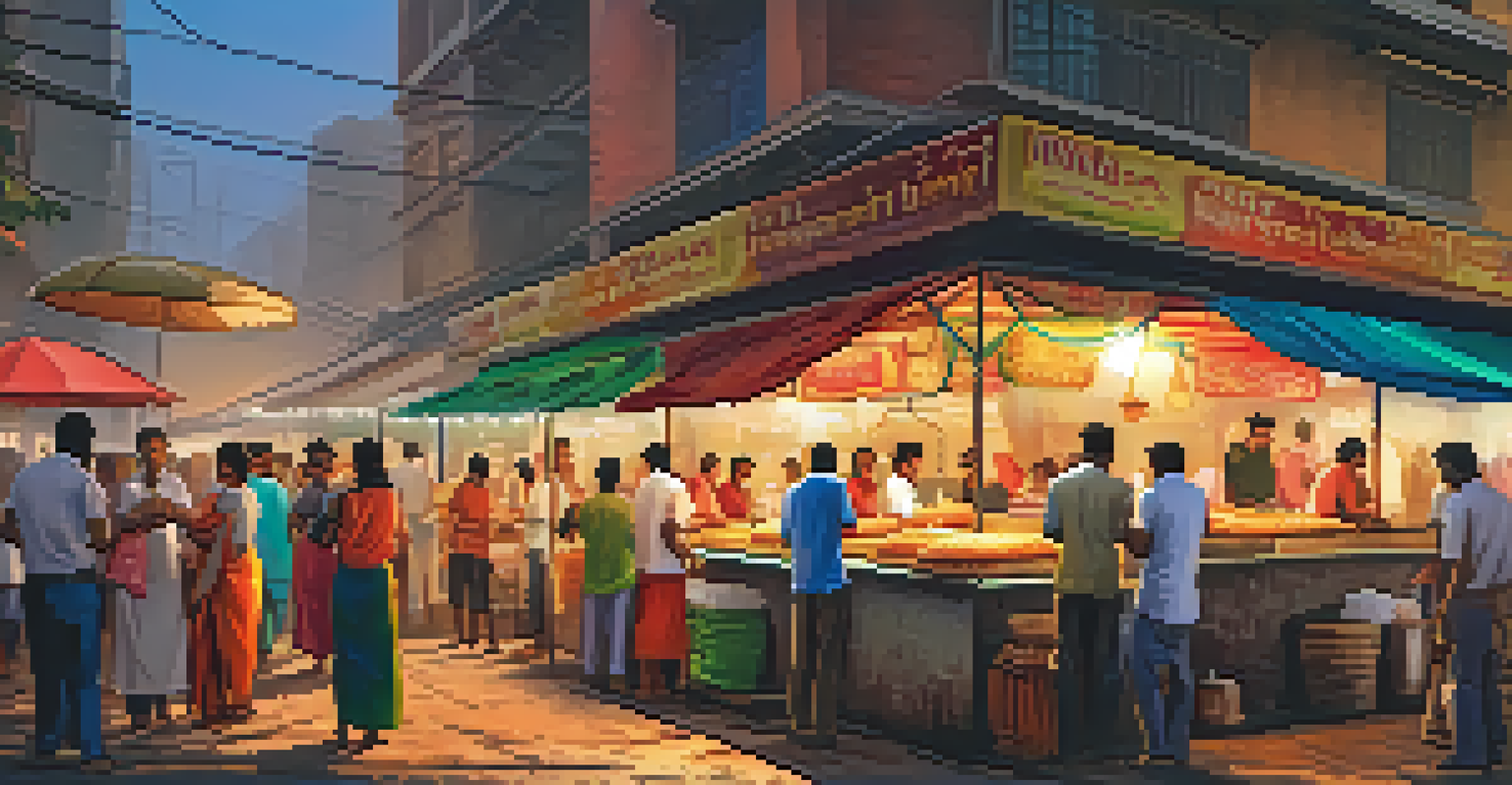 A lively street food market in Mumbai with vendors serving vada pav and various snacks, capturing the essence of urban life.