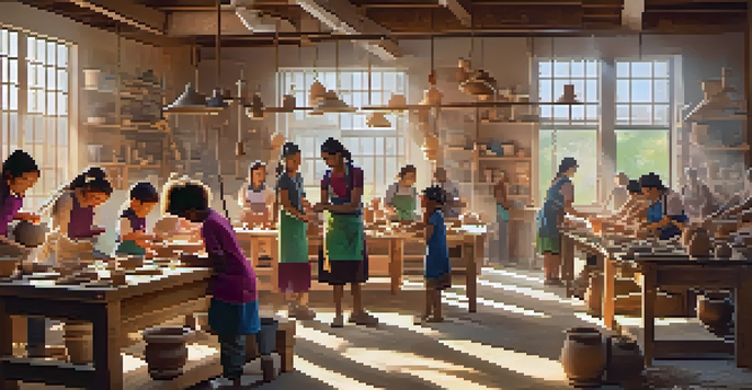 A lively and colorful pottery workshop with diverse participants crafting clay under natural sunlight, showcasing a sense of community and creativity.