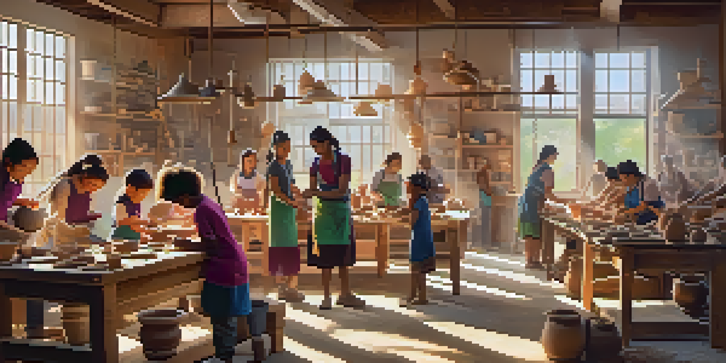 A lively and colorful pottery workshop with diverse participants crafting clay under natural sunlight, showcasing a sense of community and creativity.