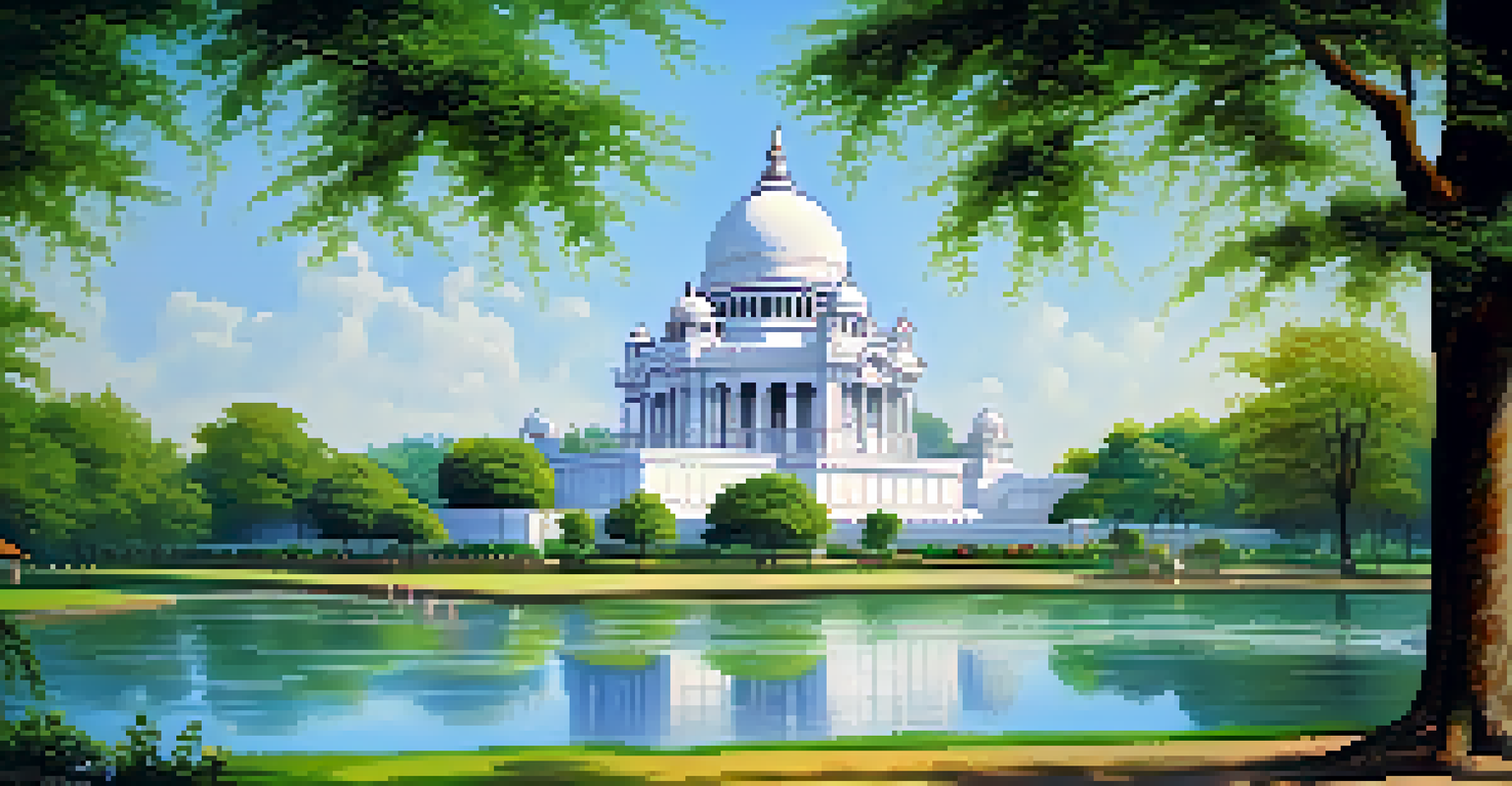 The Victoria Memorial in South Kolkata, reflecting in a lake, surrounded by green gardens and colorful flowers.