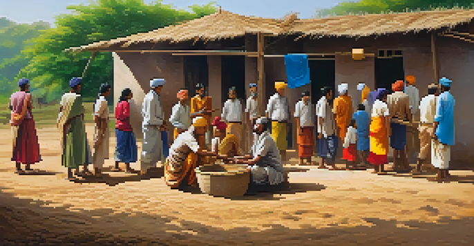A group of villagers collaborating to construct a school in an Indian village, surrounded by green fields and traditional houses.