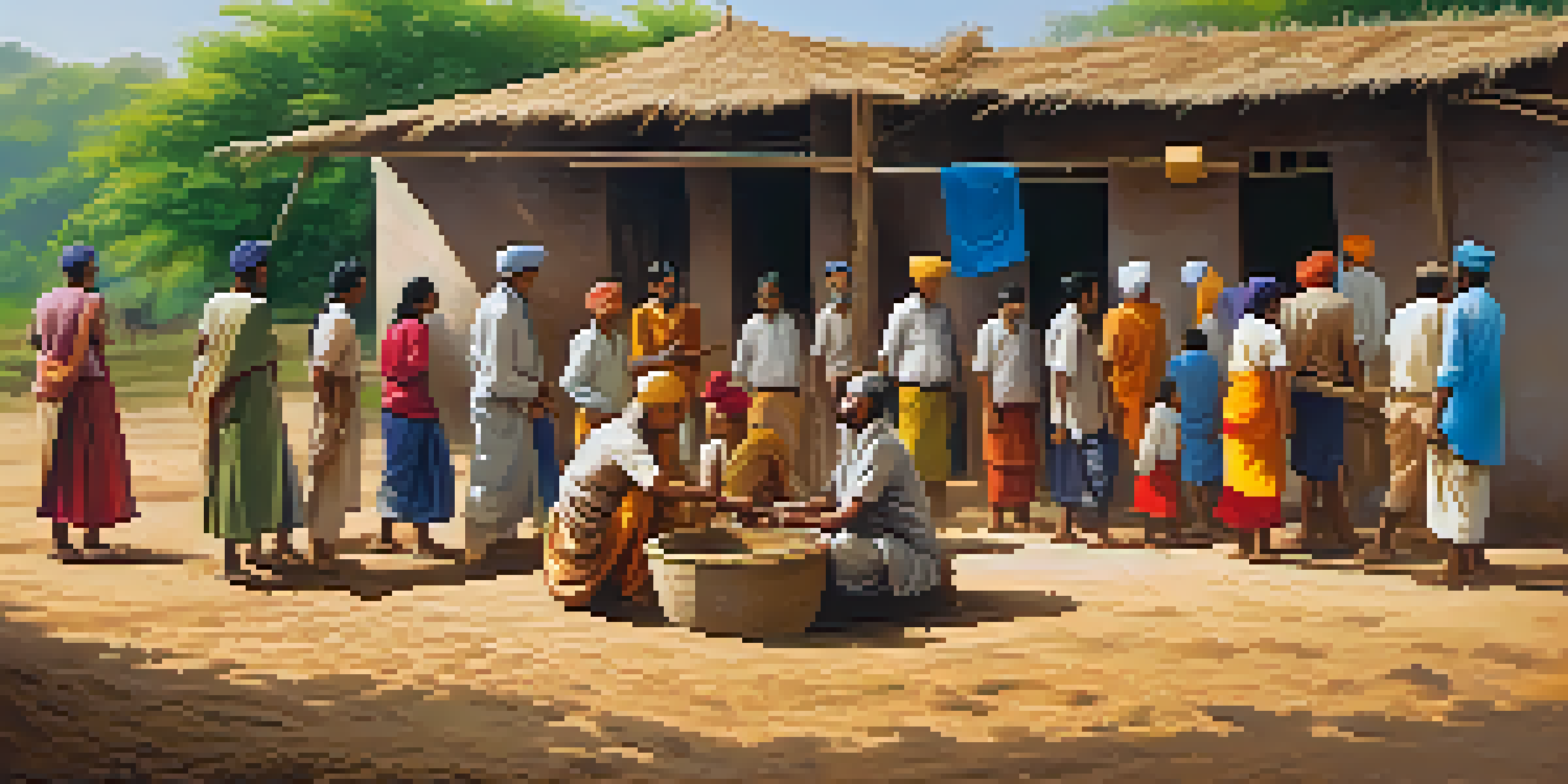 A group of villagers collaborating to construct a school in an Indian village, surrounded by green fields and traditional houses.