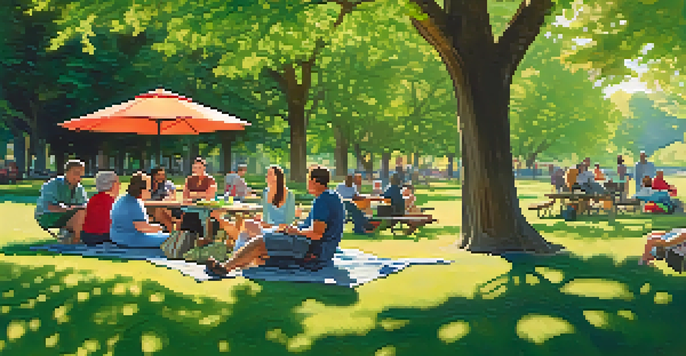 A diverse group of travelers with disabilities having a picnic in a park, surrounded by trees and accessible picnic tables, with soft sunlight filtering through the leaves.