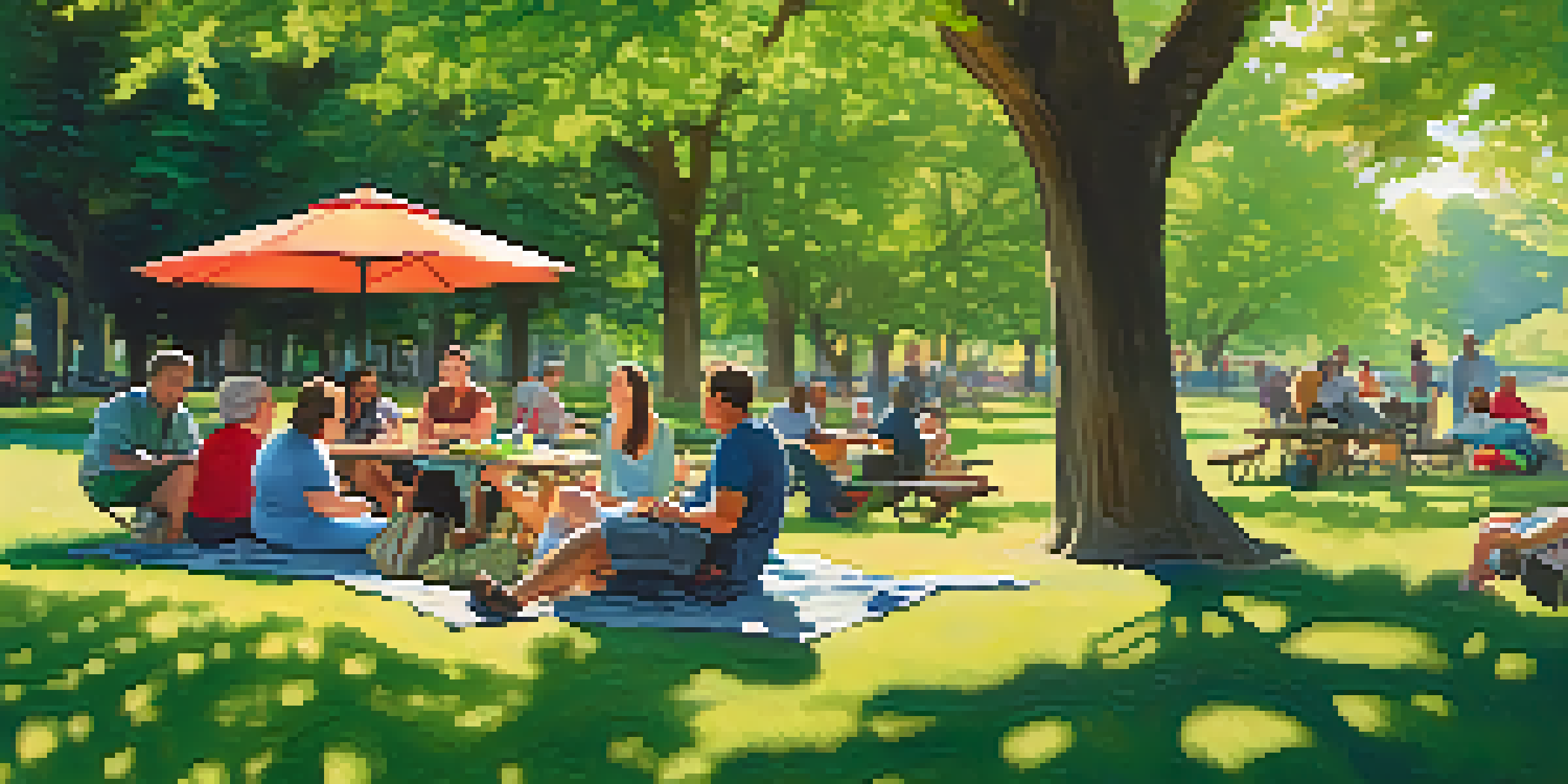 A diverse group of travelers with disabilities having a picnic in a park, surrounded by trees and accessible picnic tables, with soft sunlight filtering through the leaves.